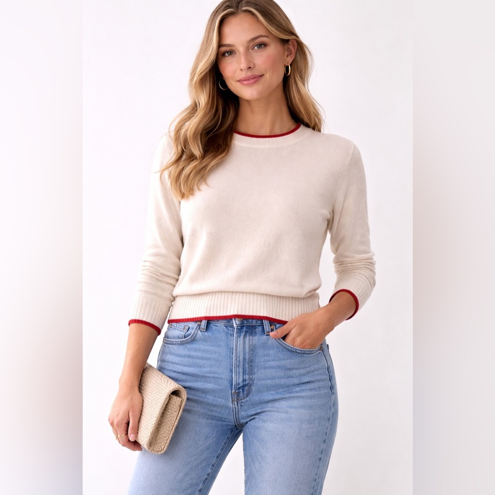 Minnow x Jamie Mizrahi Cropped Sweater Cream Red Trim Cotton Cashmere Small